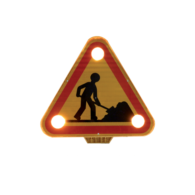 Triunghi luminos LED cu avertizare lucrari trafic o singura fata ridicare manuala 